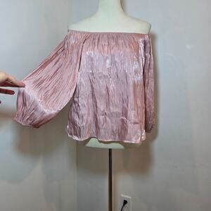 Bohme Pink Pleated Off Shoulder Blouse Ballon Sleeve Romantic Fairy Boho Size M